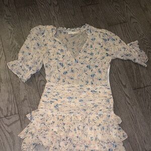 LoveShackFancy Floral Ruffle Dress in Blue and Cream